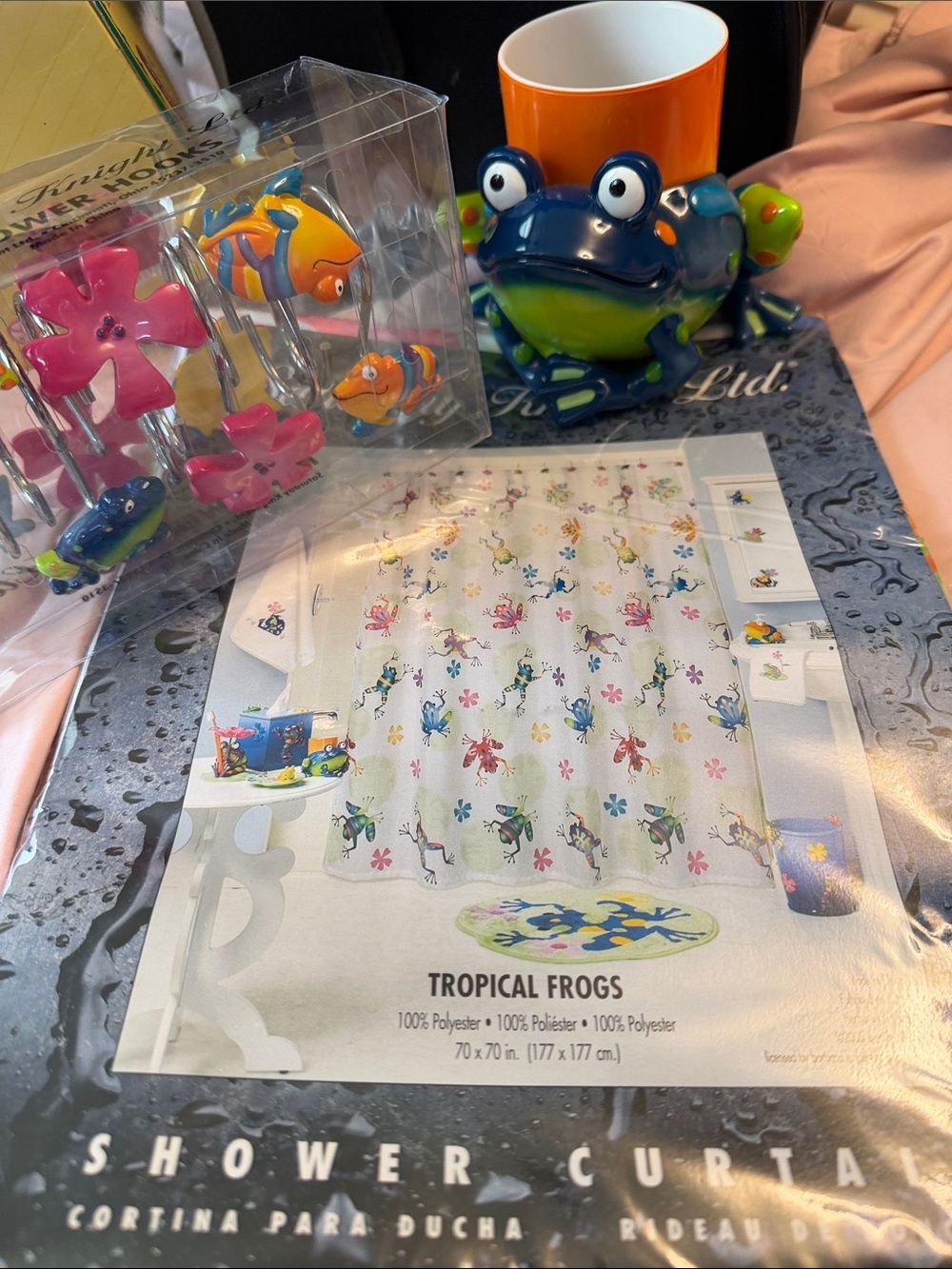 ❤️‍🔥Y2K 2005 VINTAGE RARE TROPICAL FROGS BATH- Curtain, Rings & Frog Tumbler Set